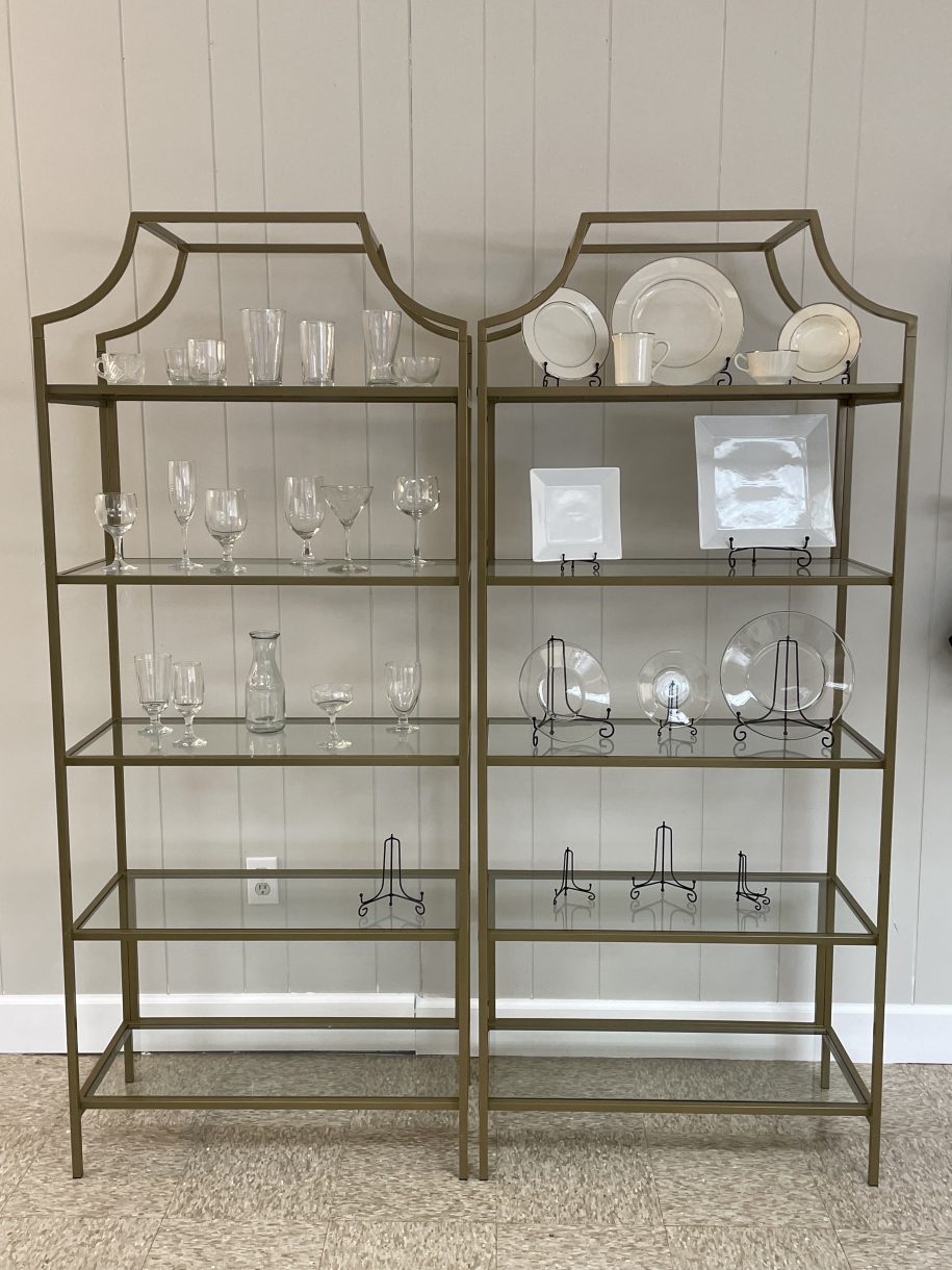 gold shelf with dishes